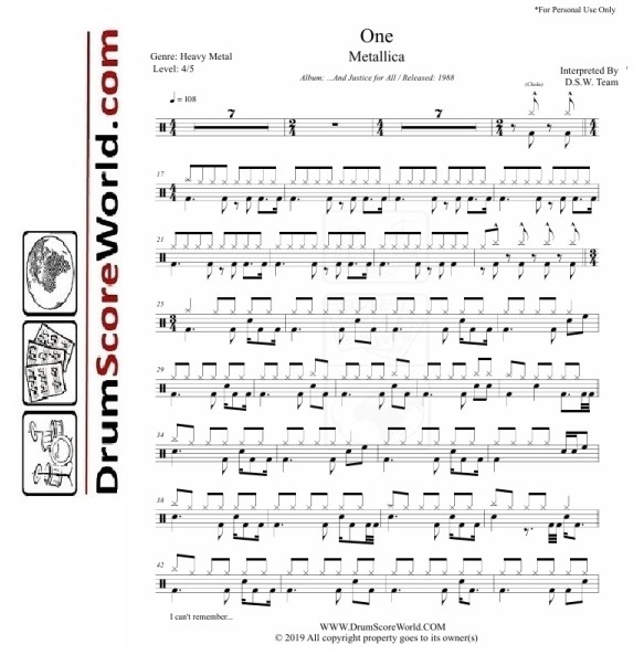 Metallica – One - Drum Sheet + Play-Along Track
